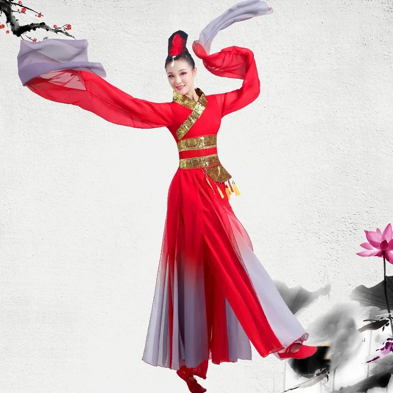 Costumes de danse classique pour femmes, robes de gaze fluide, costumes d'entraînement de danse chinoise, hauts en mousseline de soie, costumes de performance anciens