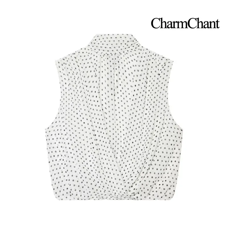 CHARMCHANT Women's High Neck Sleeveless Blouse Wrap Front Back Tie Bow Chiffon Polka Dot Solid Casual Tank Top Summer 2026