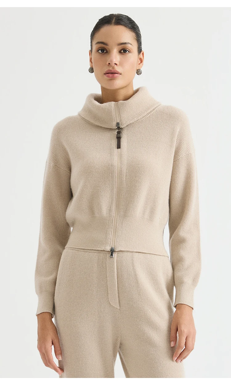 BY4621737 Damen Oversized Revers-Woll-Kaschmir-Mischung Englischer Rippstrick Reißverschluss-Cardigan mit Lederzuglasche Dezente Bürokleidung Herbst – Detail 3