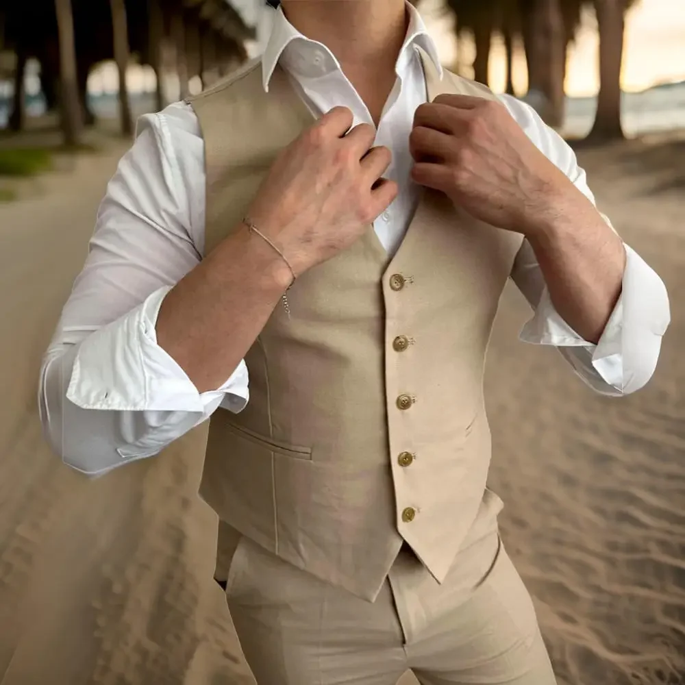

Sand Linen Men Vests for Beach Waistcoat Party Wedding 1 Piece Casual Style Male Slim Fit Fashion Coat for Prom