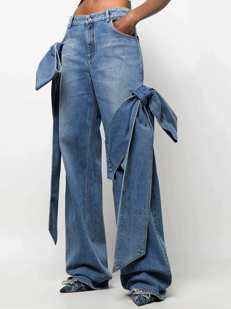 Jeans wanita lurus longgar Y2k, celana jins tiga dimensi pita dekorasi kaki lebar, celana lurus longgar dicuci Vintage musim gugur 2024