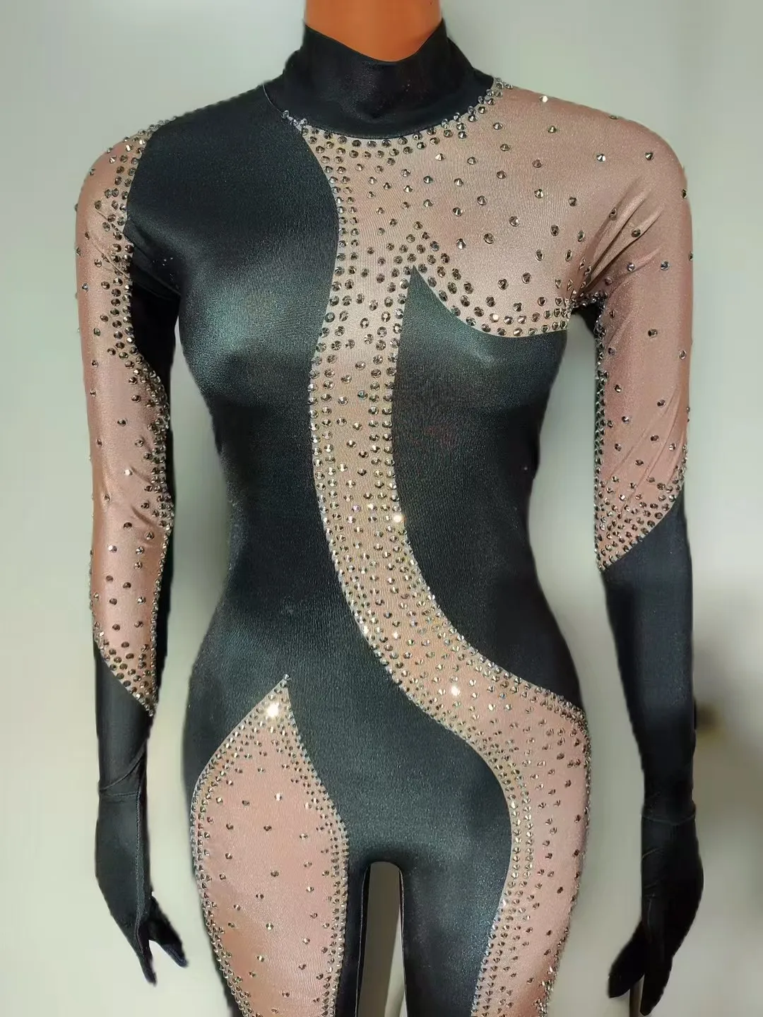 

Black Extremely Tight And Sexy Rhinestone lrregularShape Slimming Black Jumpsuit Pants Nightclub BarDS Performance Costume A789