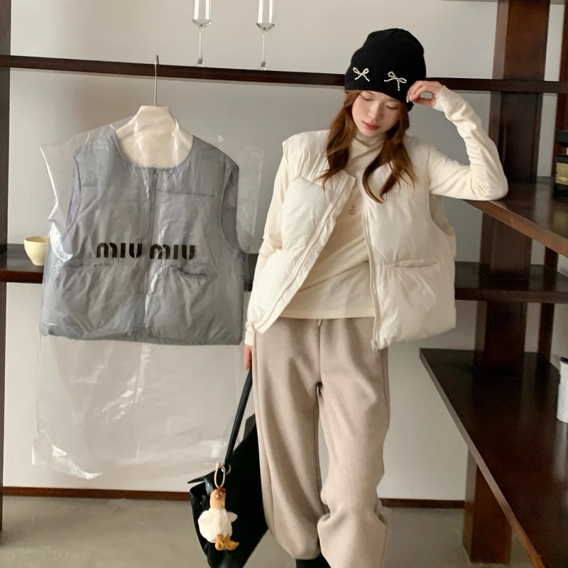 

Short Down Cotton Vest Coats Solid Loose Autumn Winter Cotton Padded Vest Jackets 2025 Fashion New Round Collar Sleeveless Tops