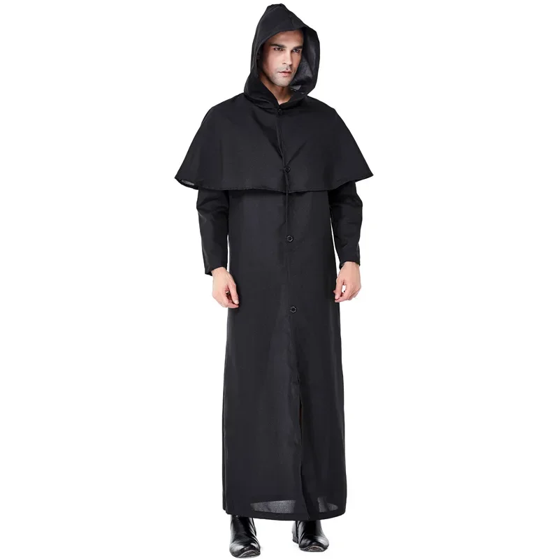 Men Black Azrael Death Costume Priest Pastor Minister Cosplay Robe Gown Halloween Carnival Purim Mardi Gras Party Outfit