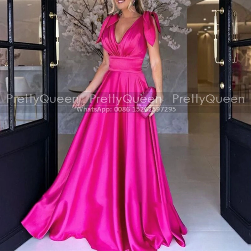 

Customized A Line Mother of the Bride Dresses Deep V Neck Long Hot Pink Satin Sleeveless Prom Dress Party For Women