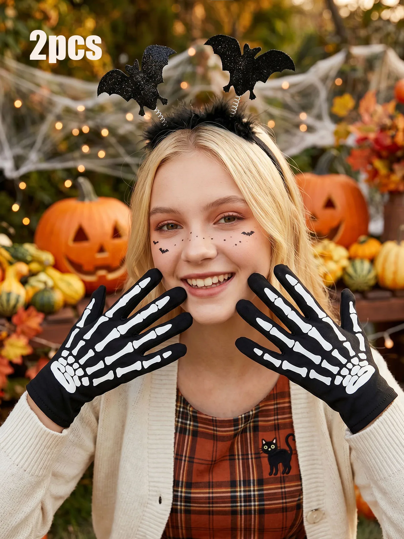 2Pcs Teen Girls Halloween Accessory Set Wobble Bat  Skeleton Full Finger Fishnet Gloves For 14-16Y Masquerade Party Photo Props