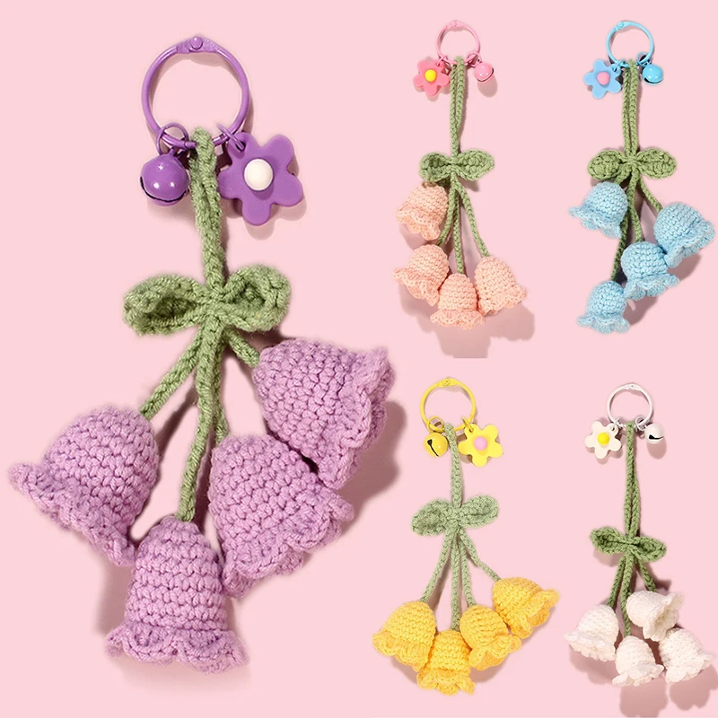 Handmade Knitted Keychain Keyring for Women Girl Crocheted Wind Chimes Flower Bag Pendants Car Key Ring Handbag Charms Gift