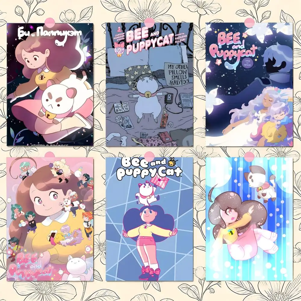 Cartoon Bee And P-Puppycat Poster Matte Self-Adhesive Wall Art Print Living Room Bedroom Home Decor