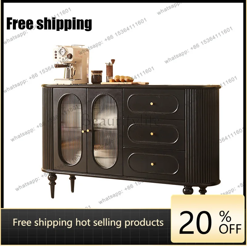 LS  Solid Wood Dining Side Cabinet, Living Room Retro Wind Roller Shutter Design Integrated Multi-functional Storage Cabinet