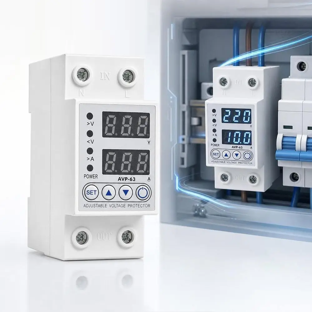 Dual Digital Display Automatic Voltage Protector Adjustable Thresholds Automatic Reset Current Limiting Protector DIN Rail Mount