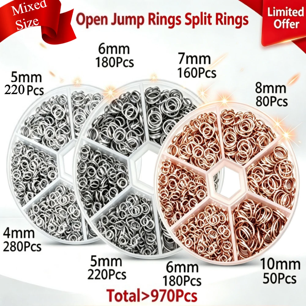 970Pcs Mixed Sizes Open Jump Rings  Gold Silver Grey Box For DIY Jewelry Making Craft Accessories Supplies