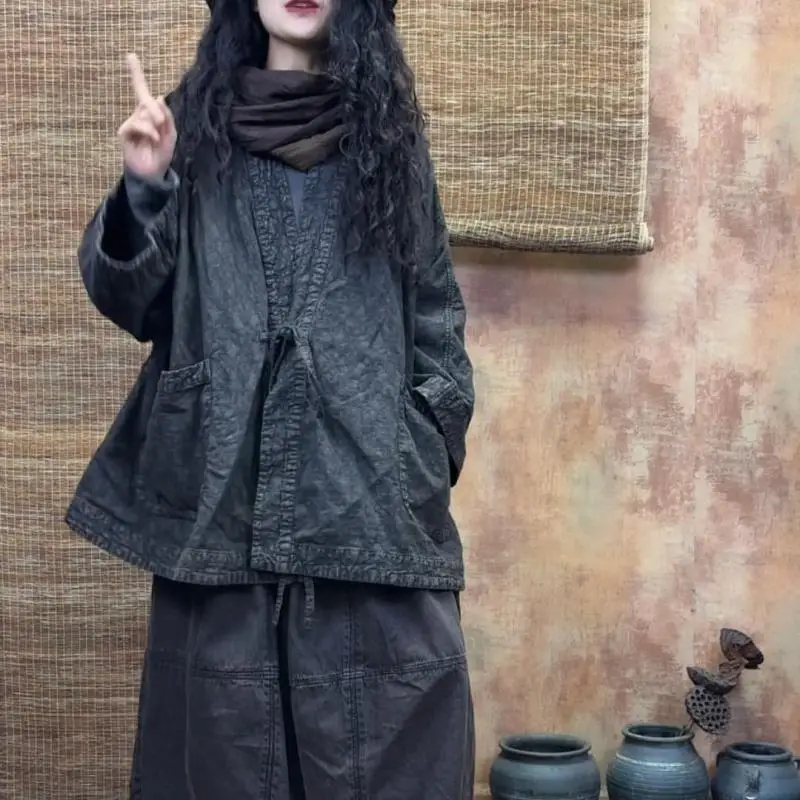 جديد الخريف الفنون نمط المرأة الخامس الرقبة جاكيتات كلاسيكية جيوب مزدوجة فضفاضة جلد القطن الكتان معاطف عالية الجودة