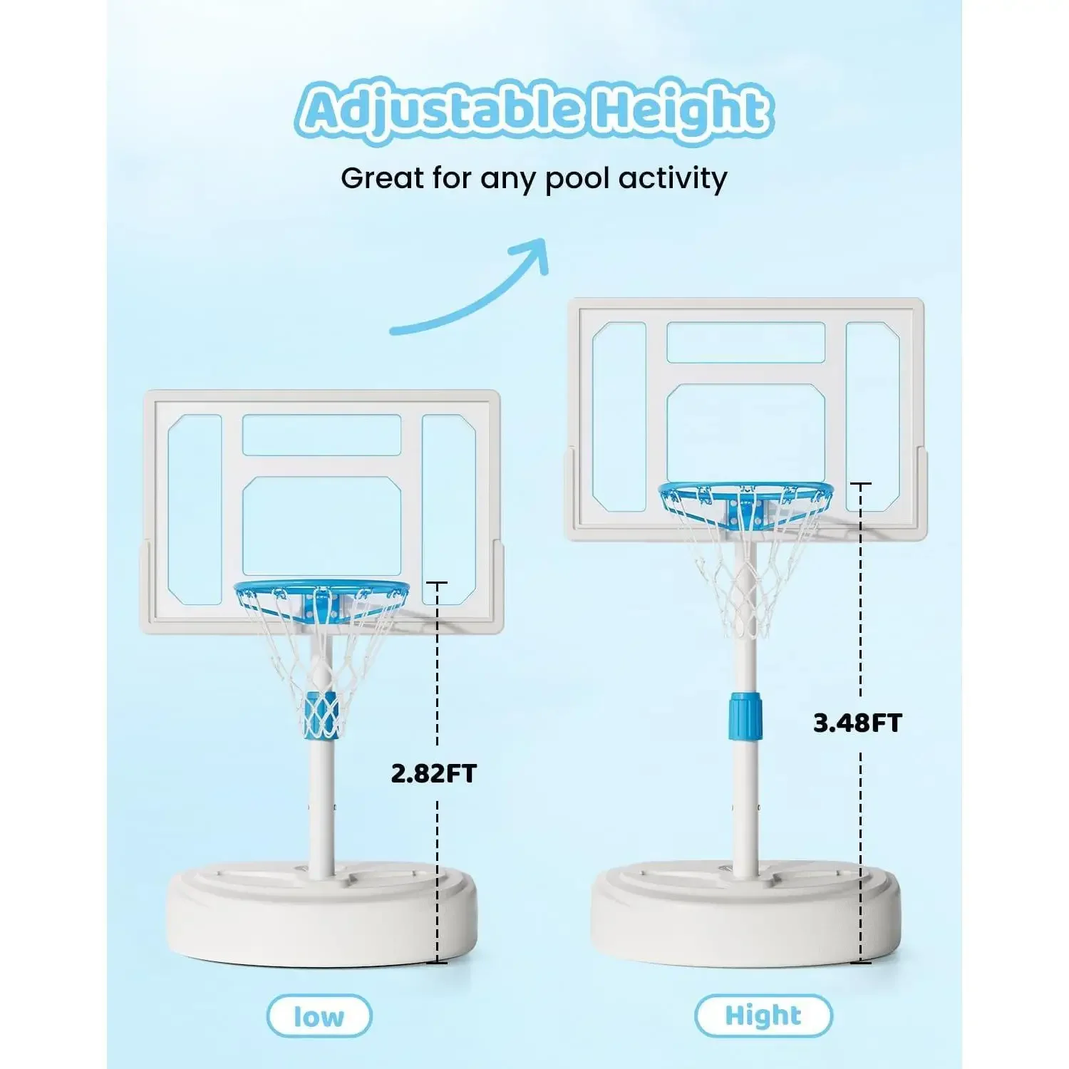 W_Cesto de baloncesto para piscina al aire libre, sistema de portería de baloncesto de agua junto a la piscina ajustable de acero inoxidable con 32 pulgadas