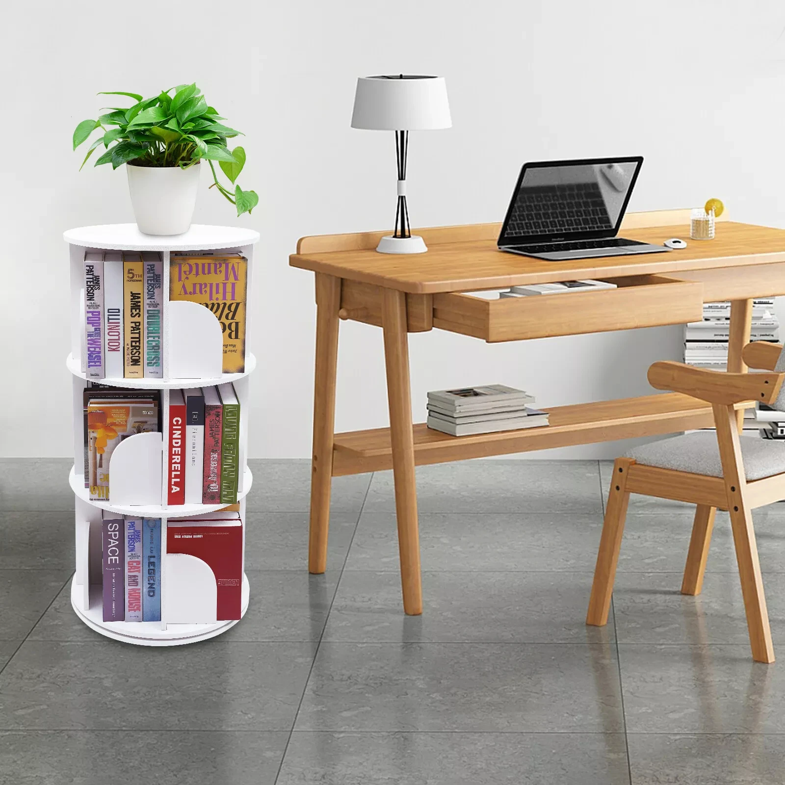 

3-Tier Rotating Bookshelf Organizer - Stackable, Floor Standing, 360° Rotating