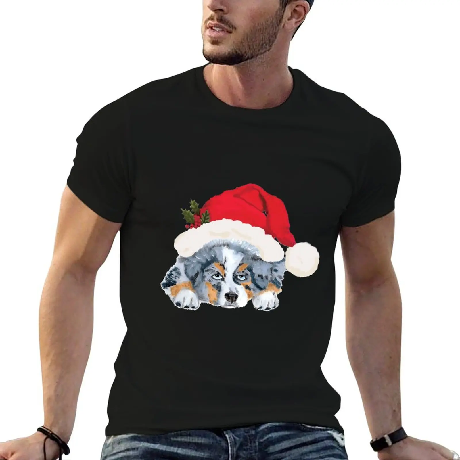 Camiseta Blue Merle Aussie Christmas Puppy para homem, camisetas de luxo com estampa para homem, camisetas gráficas para homem