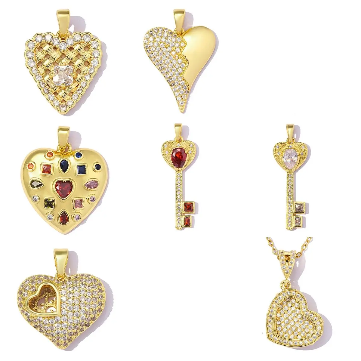 3Pcs/Lot Copper Key Shaped Charms Zircon Heart Pendants For DIY Jewelry Making Necklace Earring Accessory Wholesale