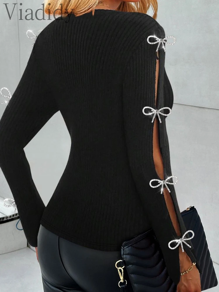 

Women Hollow Out Rhinestone Bowknot Decor Knit Sweater