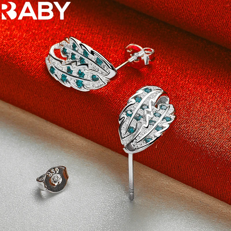 

925 Sterling Silver Earrings For Woman Charms Leaf Blue Zircon Stud Fashion Wedding Party Jewelry Accessories Engagement Gift