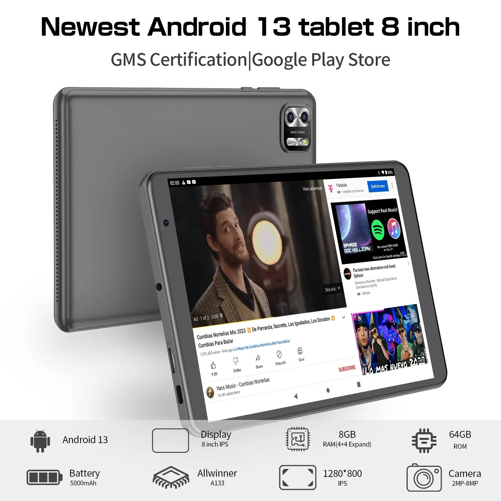 Pritom 8 Inch Tablet Android 13, 8Gb (4 + 4 Expansie) Ram 64Gb Rom, 1Tb Uitbreiden, 1280X800 Ips Scherm 5000Mah Batterij, Dubbele Camera, Wifi