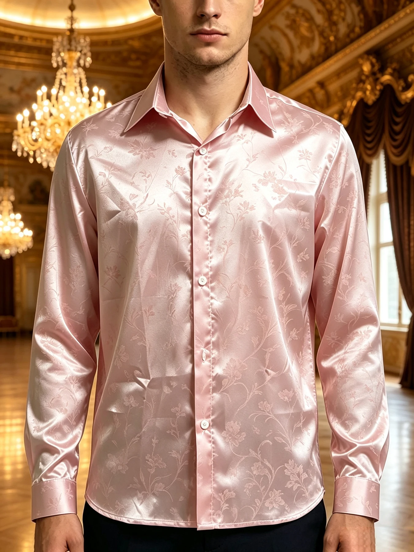2026 Mens Light Luxury Satin Textured Polyester Fiber Long Sleeve Shirt Natural Dark Pattern Printed Shirt Party Wedding Top men