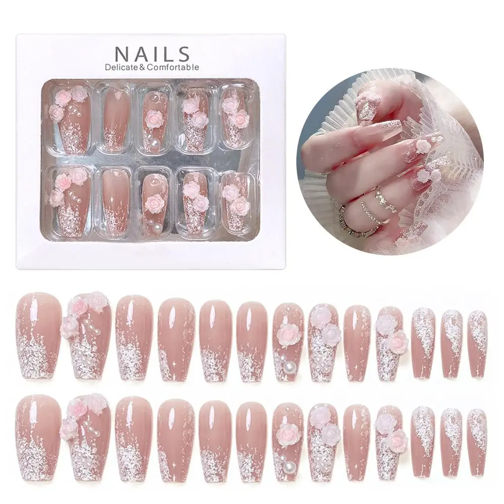 24 Uds. De uñas postizas con purpurina de perlas y flores, transparentes con gelatina, adhesivo de doble cara, usables