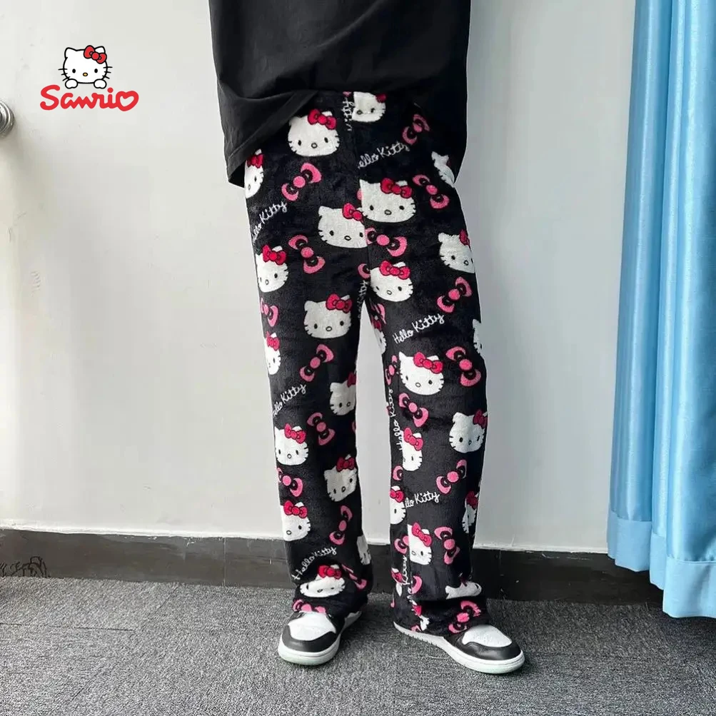 Miniso Hello Kitty Pijama de flanela menina, lã quente, calça solta, desenho preto, moda kawaii, outono e primavera