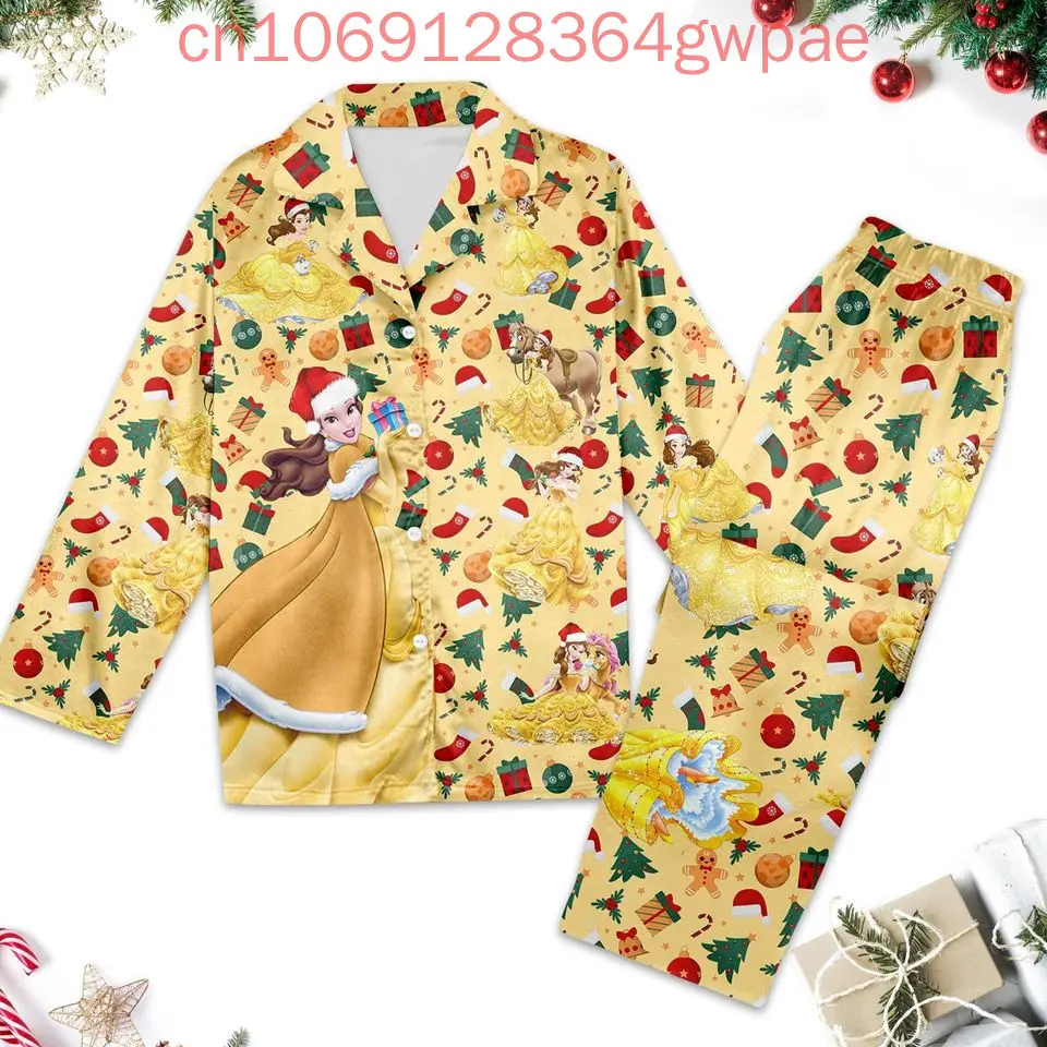 Conjunto de pijama de La Bella y La Bestia de Disney con estampado 3D, camisa informal de manga larga para hombres y mujeres, conjuntos de pijamas familiares