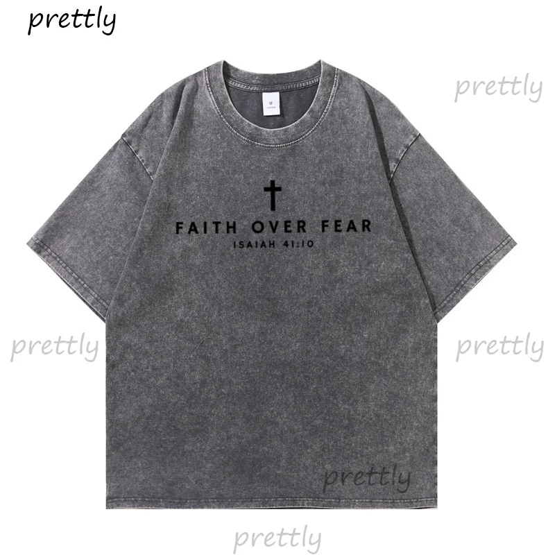 الإيمان على الخوف تي شيرت المسيحية تي شيرت كريستيان ميرش يسوع التي شيرت الحد الأدنى الإيمان في سن المراهقة القطن عادية كم قصير تيز