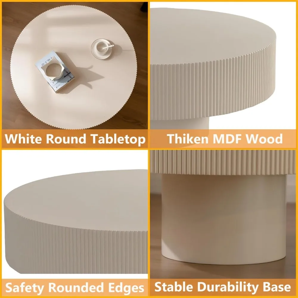 Modern Wood Round Coffee Table - Handcraft Fluted Coffee Tables with Sturdy Base, Easy Assembly, Contemporary Style Circle Coffe