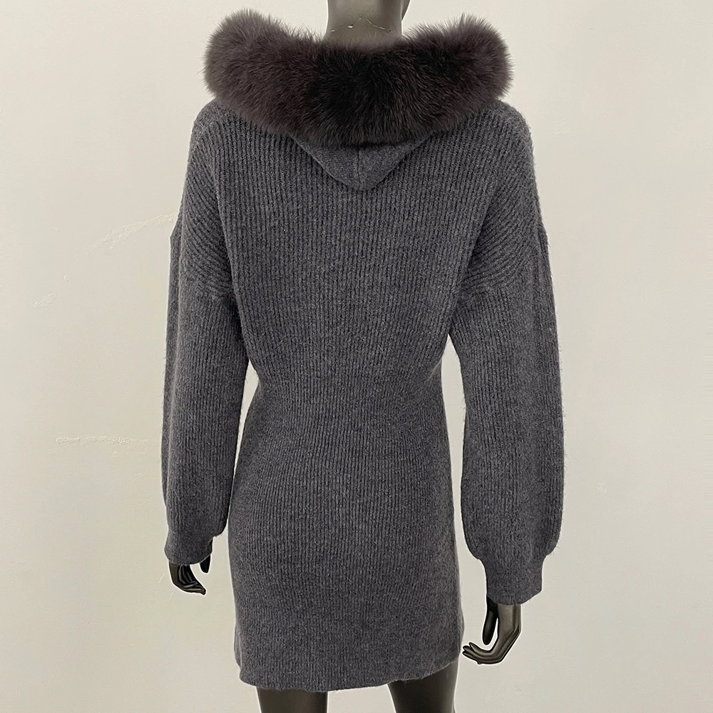 FURYOURSELF 2025 ฤดูใบไม้ร่วงฤดูหนาวยุโรปสไตล์อเมริกันกลางความยาวแฟชั่นHoodedชุดFox Furคอขนสัตว์ถักเสื้อกันหนาว