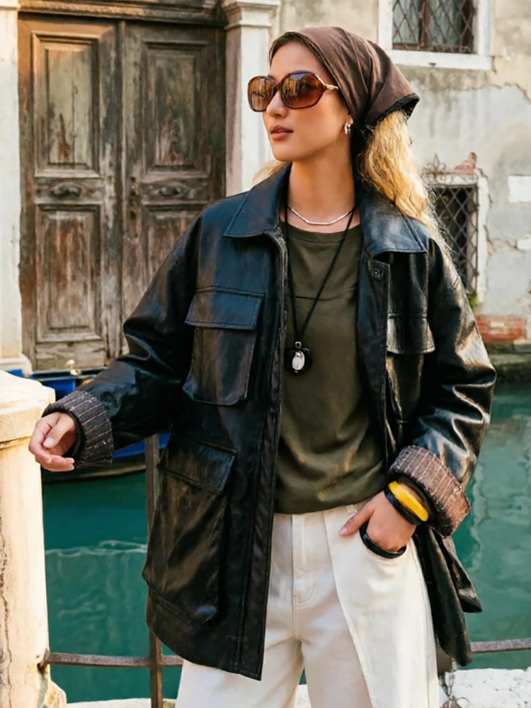 Women Faux Leather Jacket Lapel Collar Loose Fit Contrast Plaid Cuffs Button Front Coat Vintage Street Trendy Ladies Outerwear