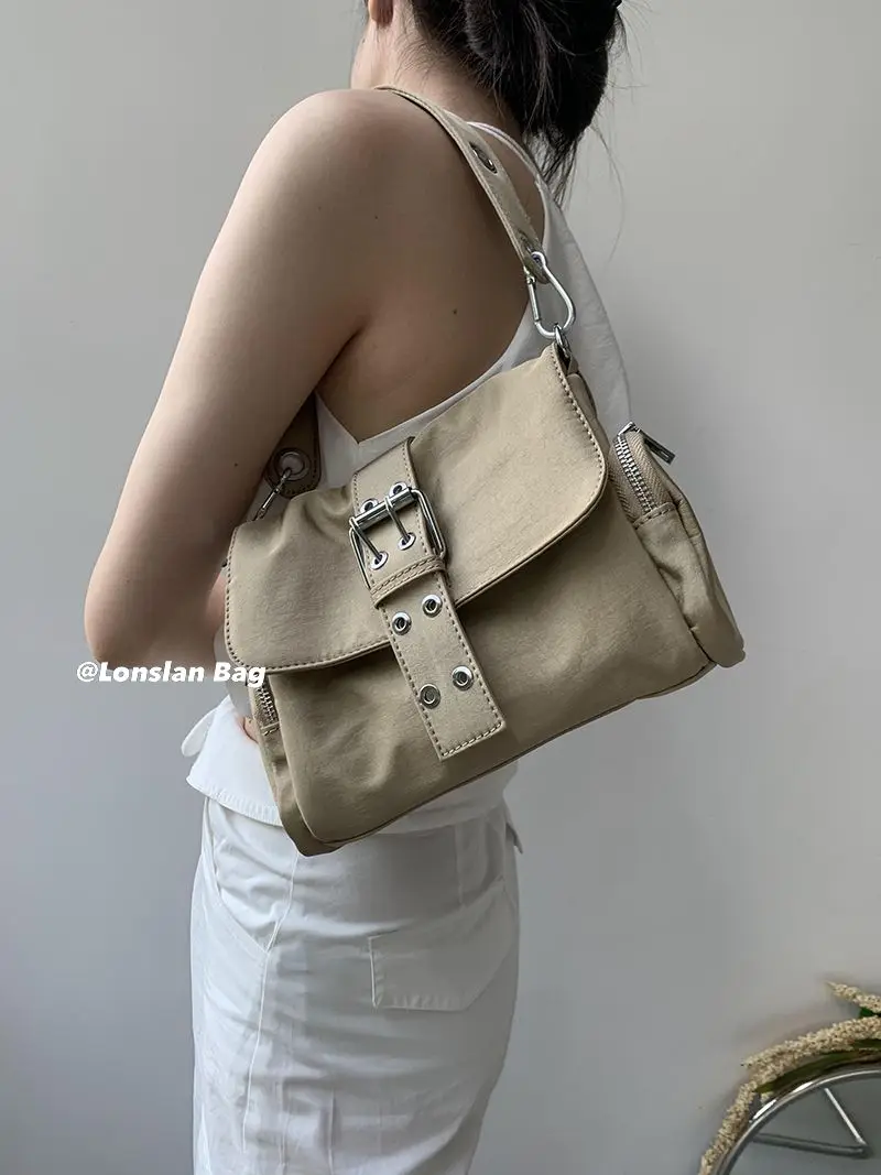 JIAERDI Vintage Nylon Khaki Shoudler Bag Women Hot Girls Square Underarm Bag Female Harajuku Casual Crossbody Bags Handbag Y2k