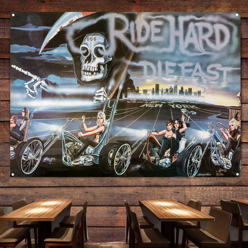

RIDE HARD DIEFAST Flag Banner Live or Ride Poster Decor Bikers Art Wall Sign Vintage Motorcycle Car Man Cave Bar Club Pub Garage