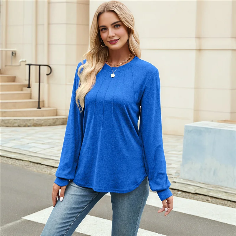 

ABP-Women's Long Sleeve Shirts 2025 Autumn Fashion Formal Casual Shirts Pleated Round Neck Tunic Tops Blue L