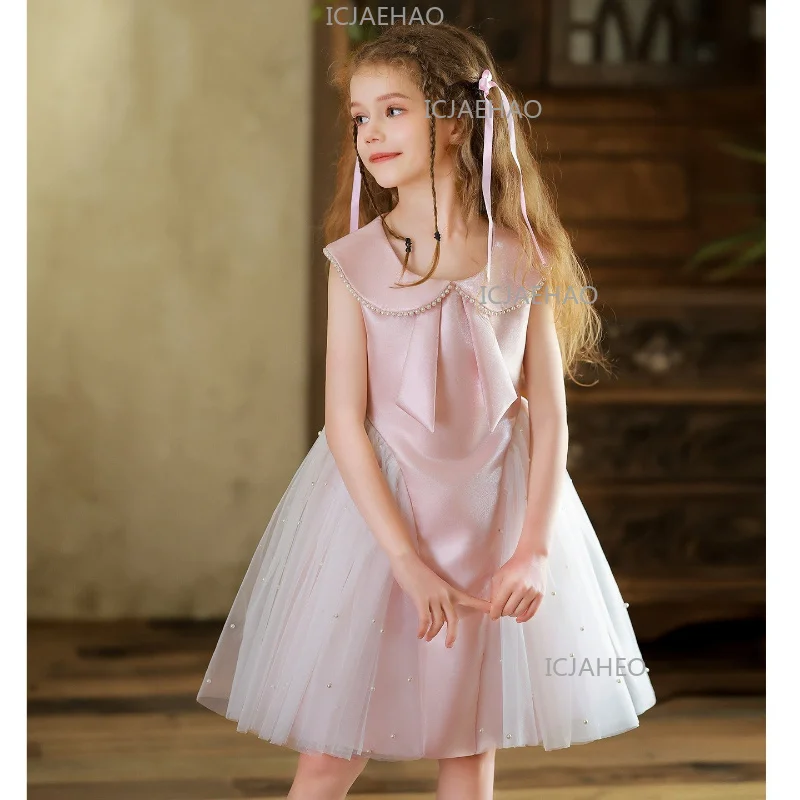 2026 Children Girls Princess Style Pink Tulle Birthday Evening Host Piano Performance Costume Gown New Baby Kids Party Elegant