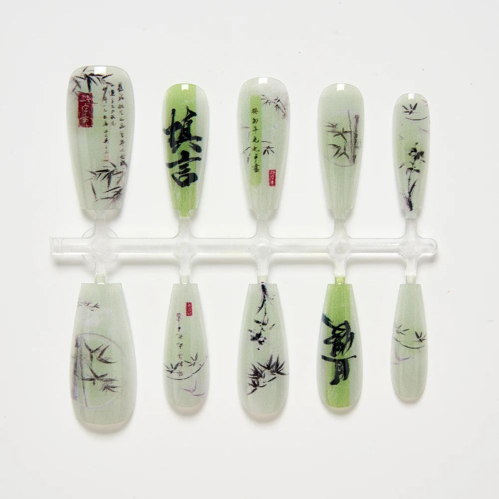 10PCS Long Press on Nails Set Bamboo Poetry Chinese Acrylic Fake Nails with Glue Reusable Stick on Nails Art