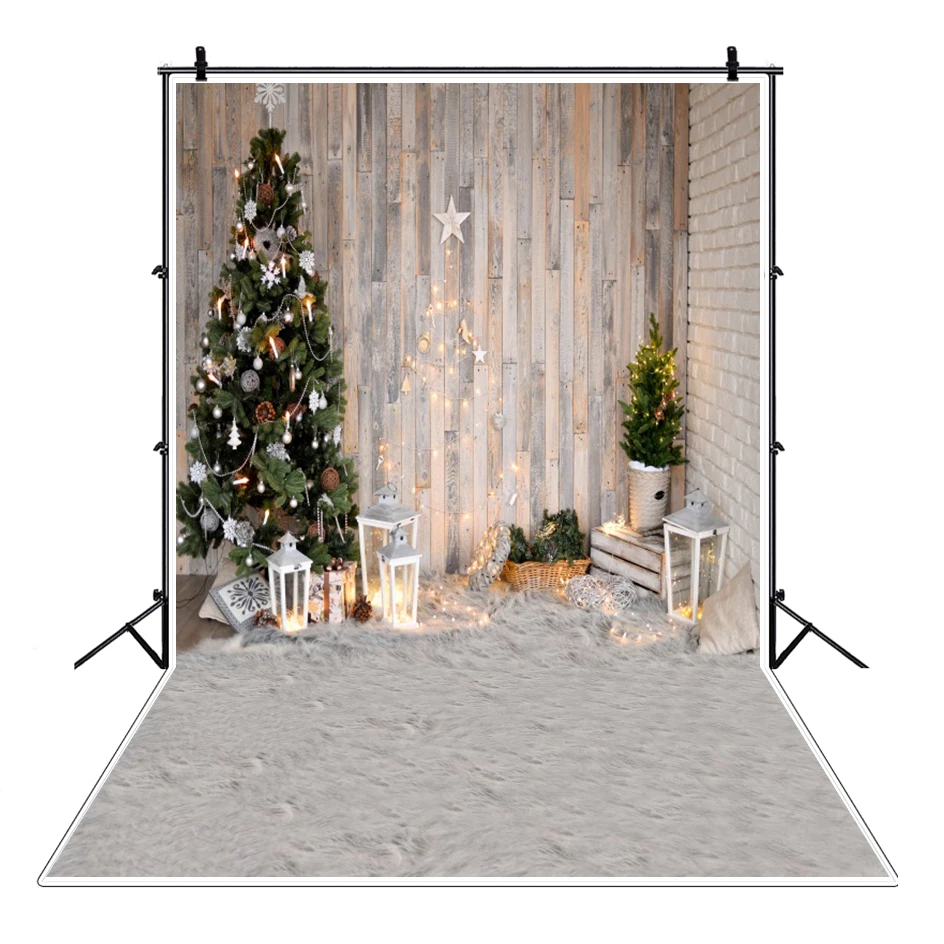 Winter Christmas Tree Gray Background  for Photography Candle Festival Fireplace Wood Floor Xmas Family Shoot Kid Photo Backdrop