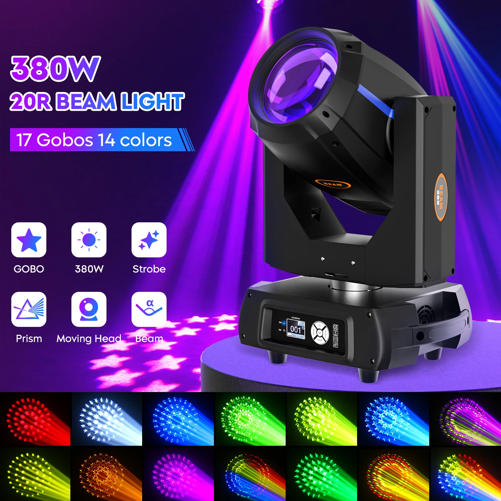 380W Moving Head Light DMX Touch Screen 13 Colors Fieryzeal Stage Disco Light Power Dj Effect for Bars Birthday Parties Club KTV