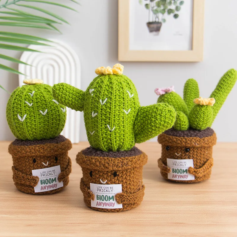 

Creative Handmade Crochet Wool Plant Cactus Figurines with Positive Energy Card Fun Emotional Support Gifts Home Room Decoration