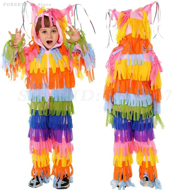 

Halloween Pinata Cosplay Costumes Boys Girls Paper Pinata Fancy Dress Up Children's Performance Outfit Colorful Hooded Jumpsuit