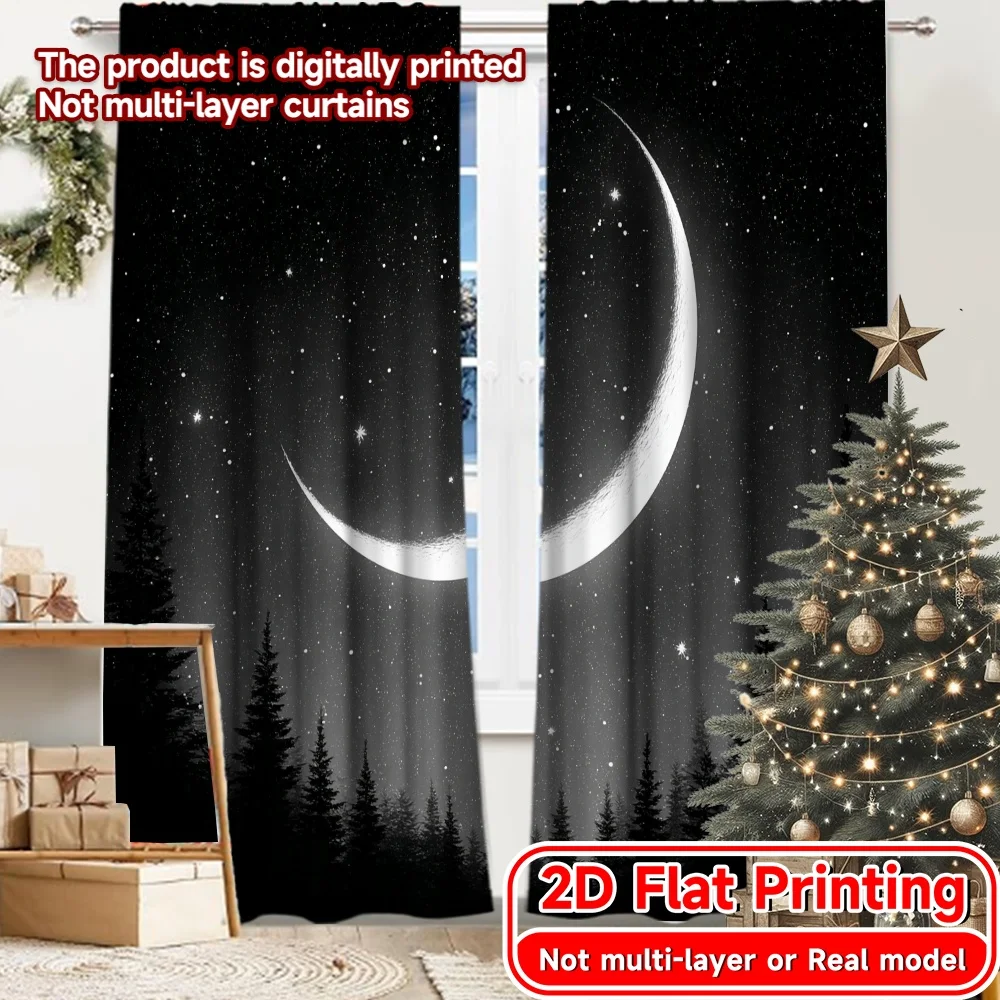 2D FLAT PRINTING 2pcs Curtains (Without Rod) Night Sky with Moon Modern Fashionable Curtainments during the April Fools is Day