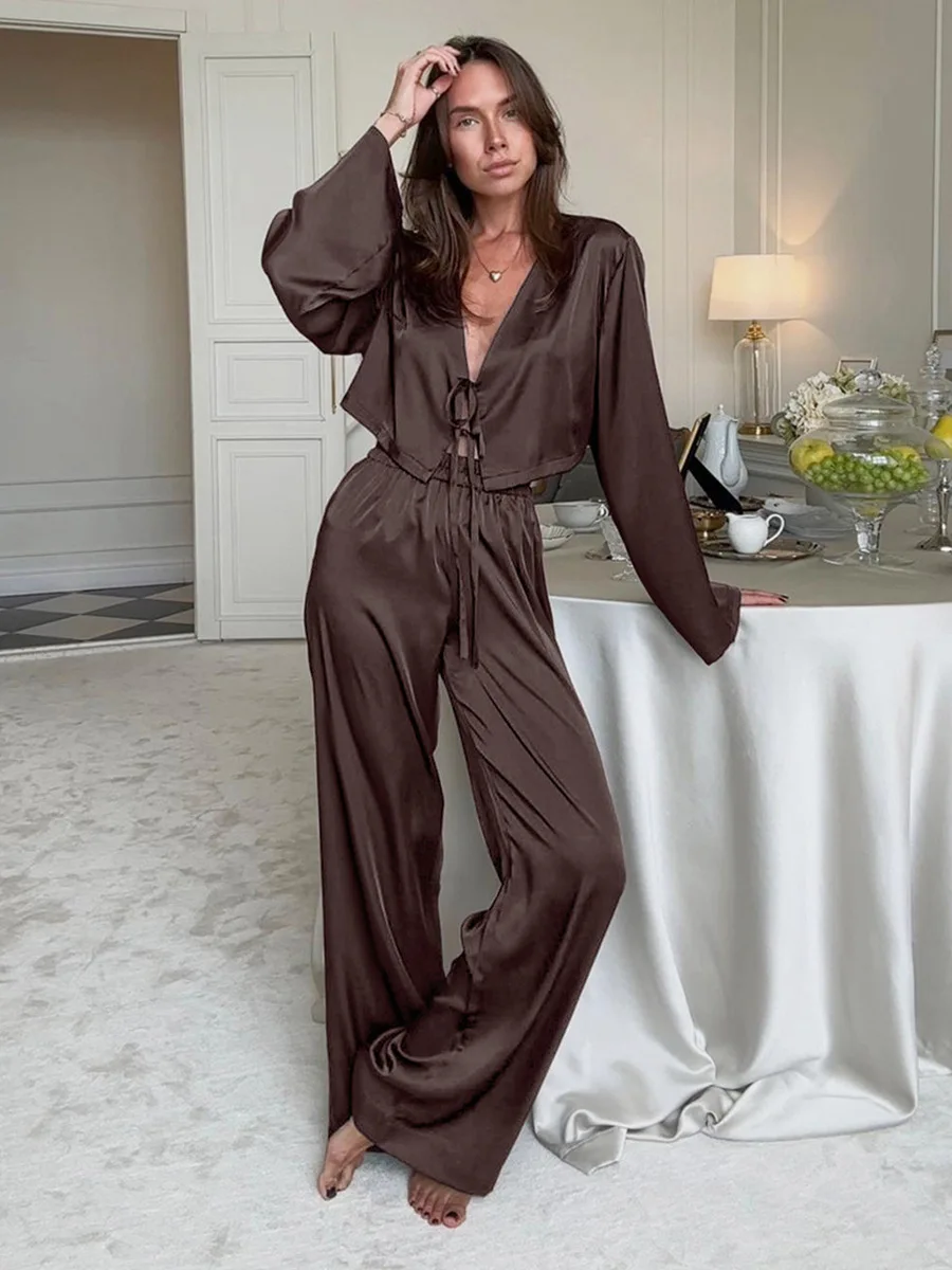 

DriftWear Autumn Comfort Casual Satin Sleepwear Set Women V-Neck Long Sleeve Lace Up Crop Top + Loose Pants Nightgowns 2Pcs Sets