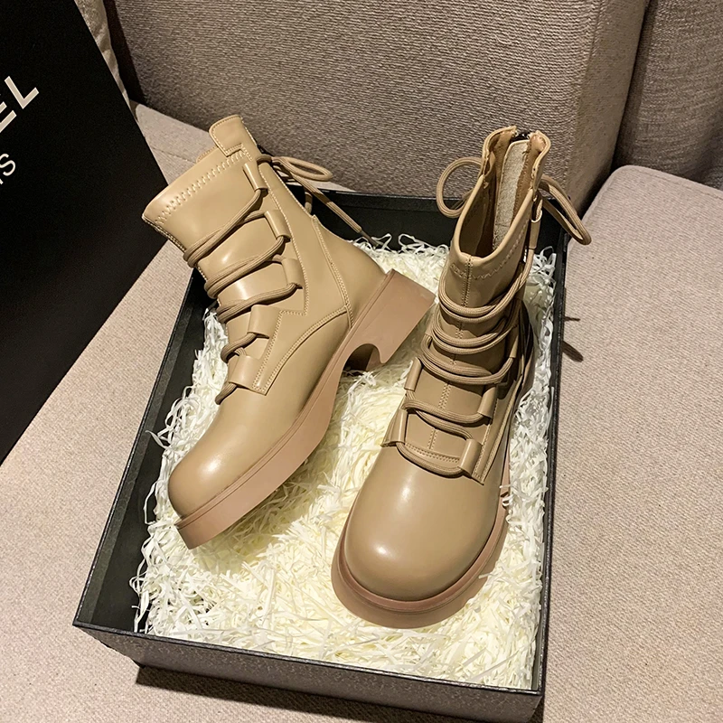 Women's Rock Lolita Ankle Boots 2024 Autumn Winter Round Toe Rubber Flat Heel High Heel Lace Up Mid Calf Doc Martens Style