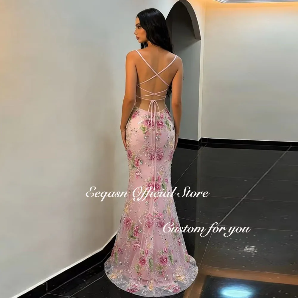 Eeqasn Elegant Evening Dresses Pink Long Mermaid Vestido De Festa Spaghetti Straps Women's Wedding Party Attire Prom Customized