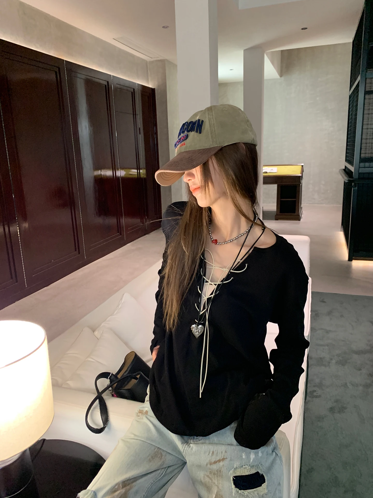 

Свободная удлиненная женская футболка с круглым вырезом, базовый слой, корейский стиль, для повседневной носки, из смесового хлопка с вельветом, с дизайном пояса