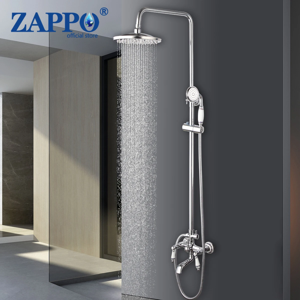 ZAPPO Shower Faucet Sets 8 Inch Rainfall Shower Head Triple Function 2 Tub Faucet Knobs Mixer Shower Systerm with Bathtub Tap