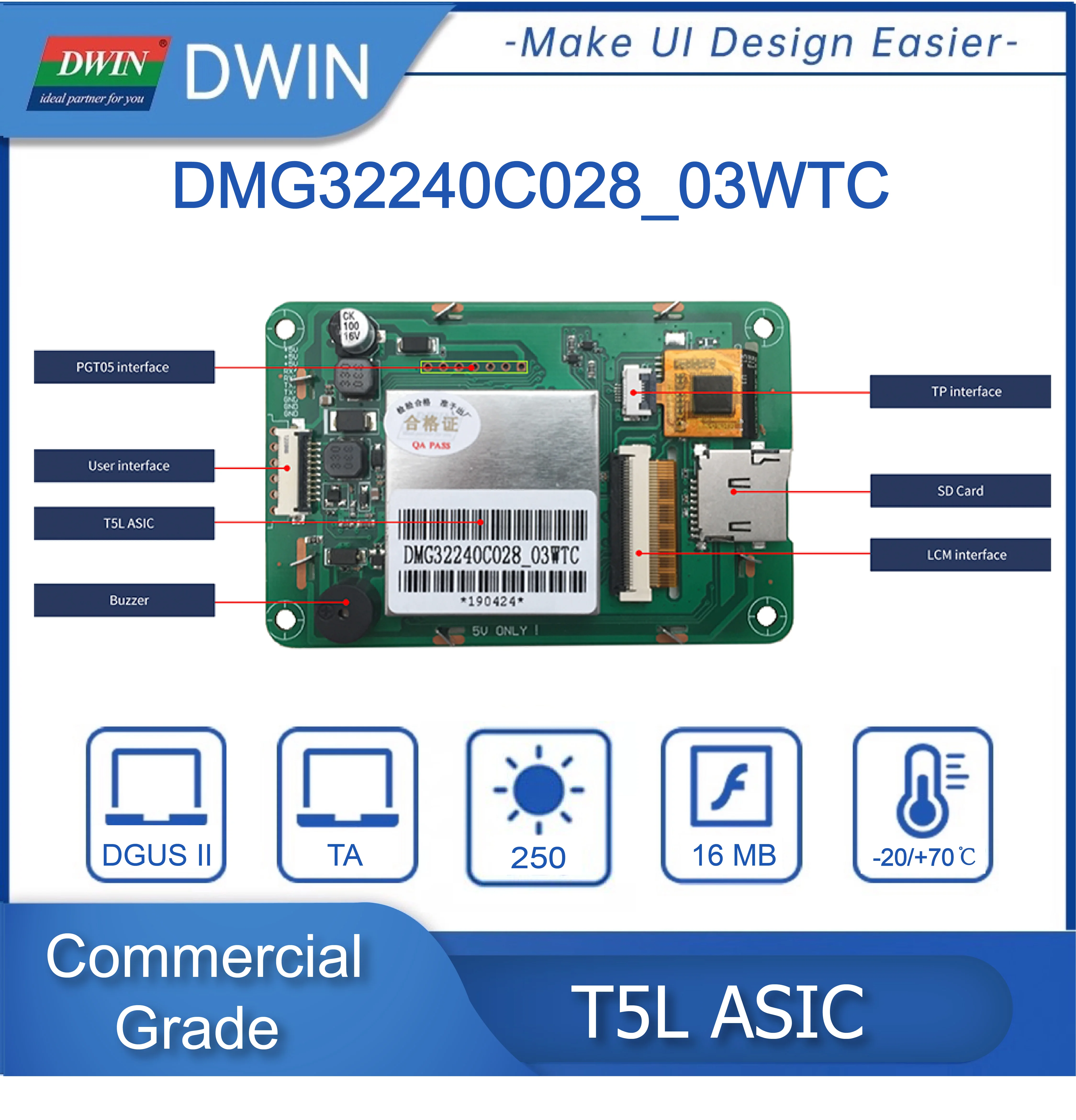 DWIN 2.8 Inch 240*320 TFT Display HMI touch screen smart screen Hmi Display CTP/RTP TTL UART Port DMG32240C028_03W