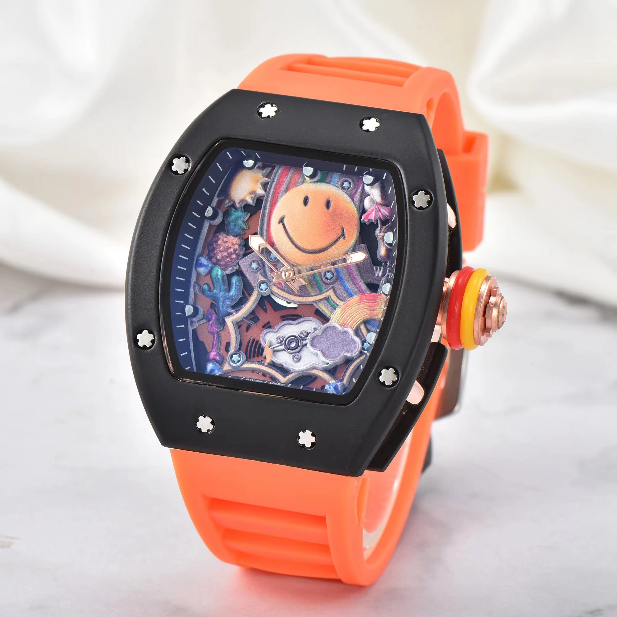 2024 new smile silicone strap square tonneau large dial watch hollowed out surface calendar quartz watch for men and Students