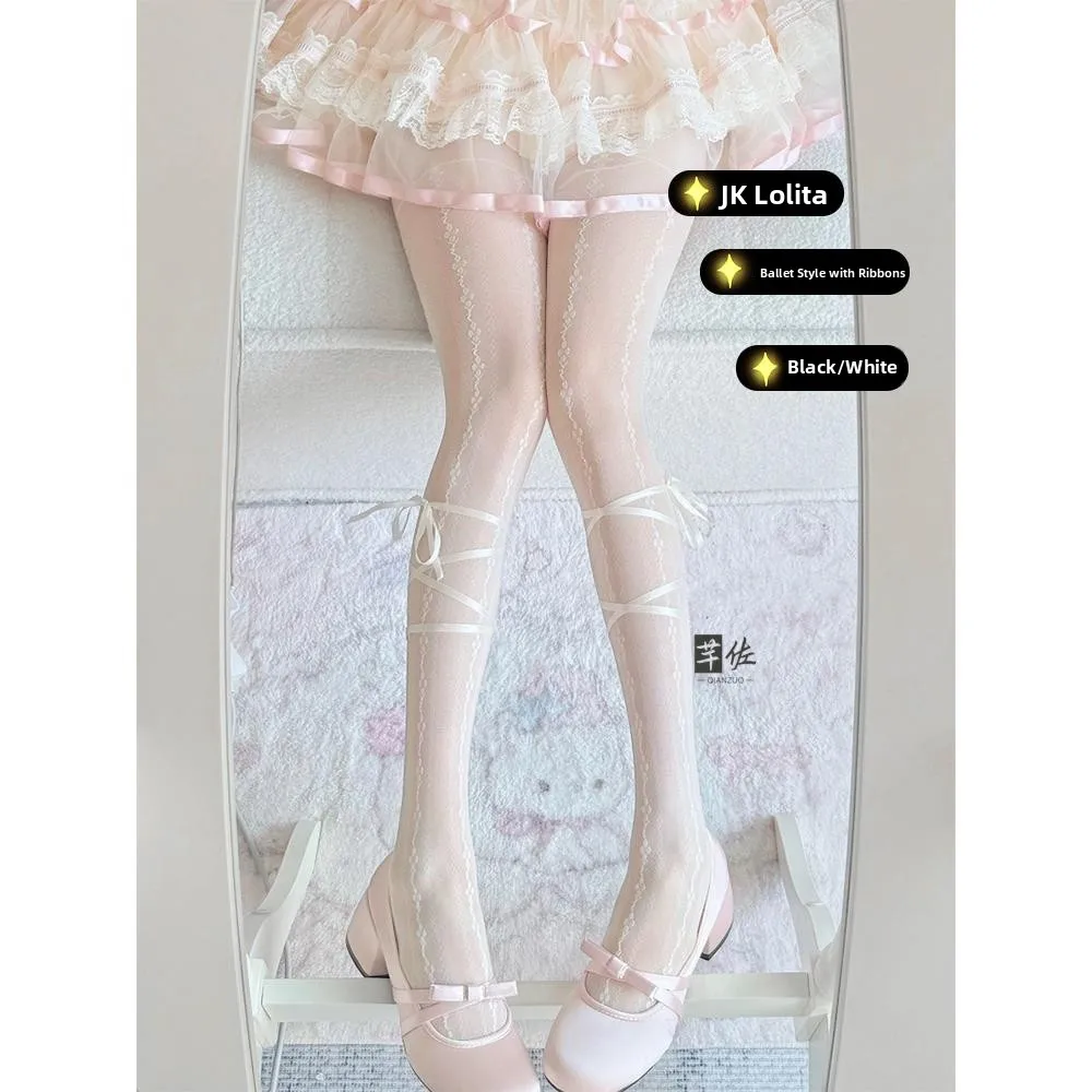 Lolita Style Women's Ballet Wind Pure Desire White Silk Pantyhose with  Knot Black Silk Base Stockings Sexy Thin Model