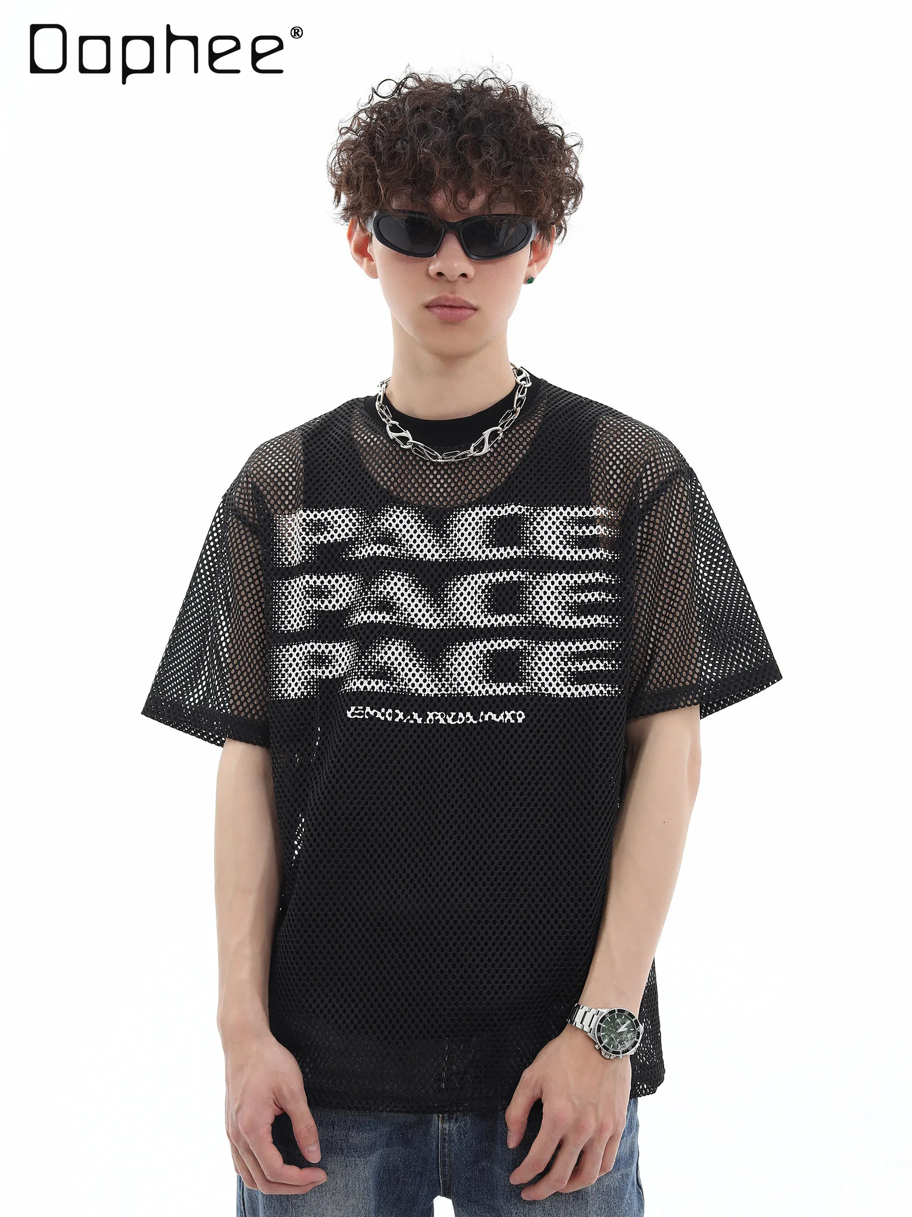 

Men's Summer American Streetwear Black Mesh Sheer T-shirt White Letter Print Spider Web Hollow Out Casual Loose Short Sleeve Top